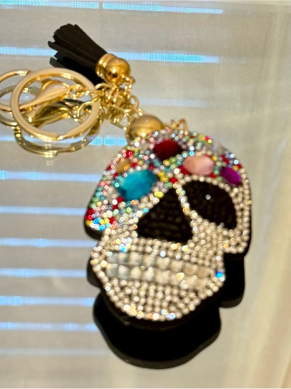 New Multi Color Beaded Crystal Skull Gem Keychain with Gold Hardware